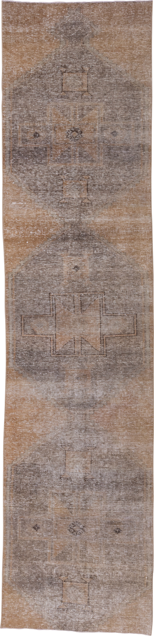 3' x 12' one-of-a-kind handmade vintage Oushak runner rug. Color palette: taupe, camel, beige, ivory, greige, gray