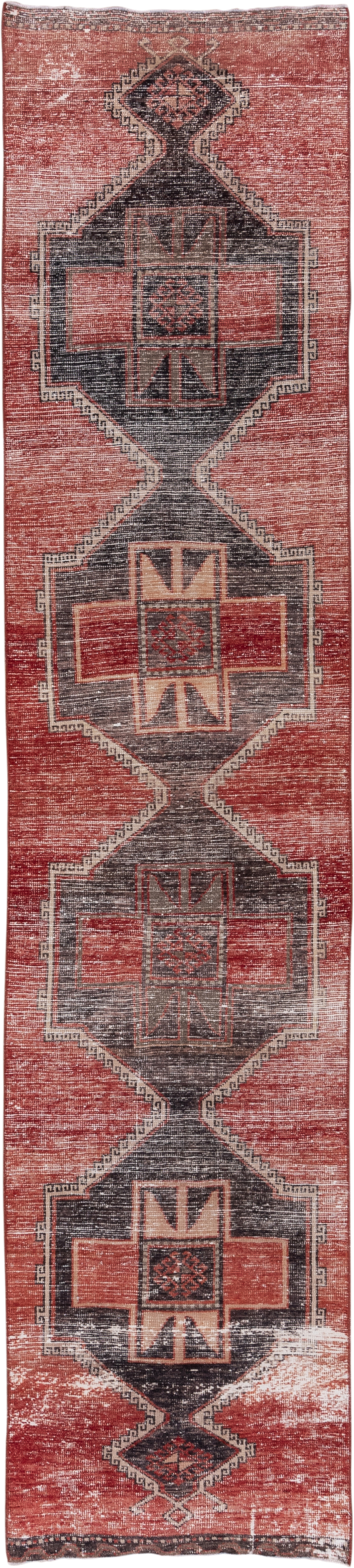 2' x 12' one-of-a-kind handmade vintage Oushak runner rug. Color palette: rust, charcoal, ivory, terra cotta, burgundy