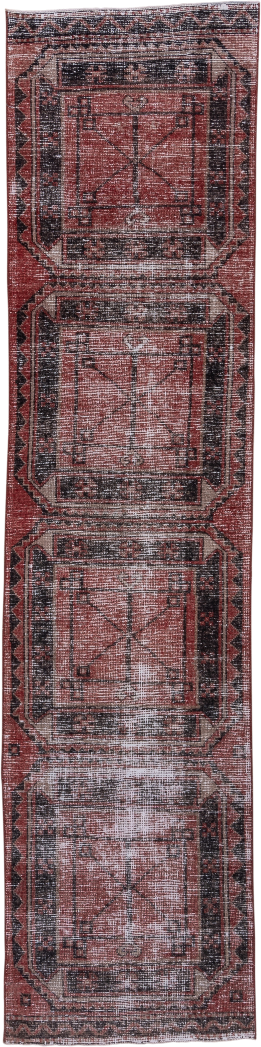 2' x 11' one-of-a-kind handmade vintage Oushak runner rug. Color palette: terra cotta, charcoal, rose, ivory, taupe