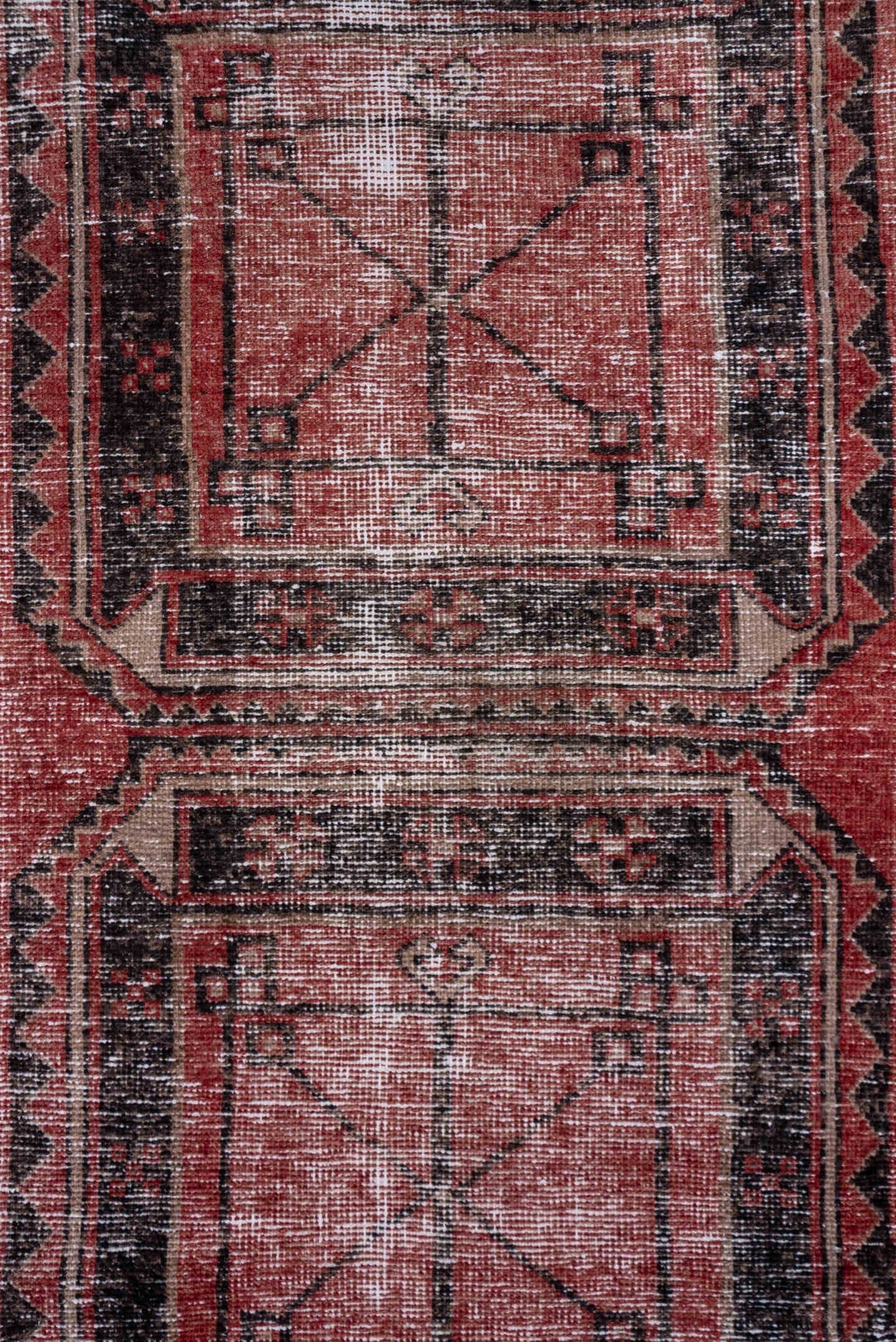2' x 11' one-of-a-kind handmade vintage Oushak runner rug. Color palette: terra cotta, charcoal, rose, ivory, taupe