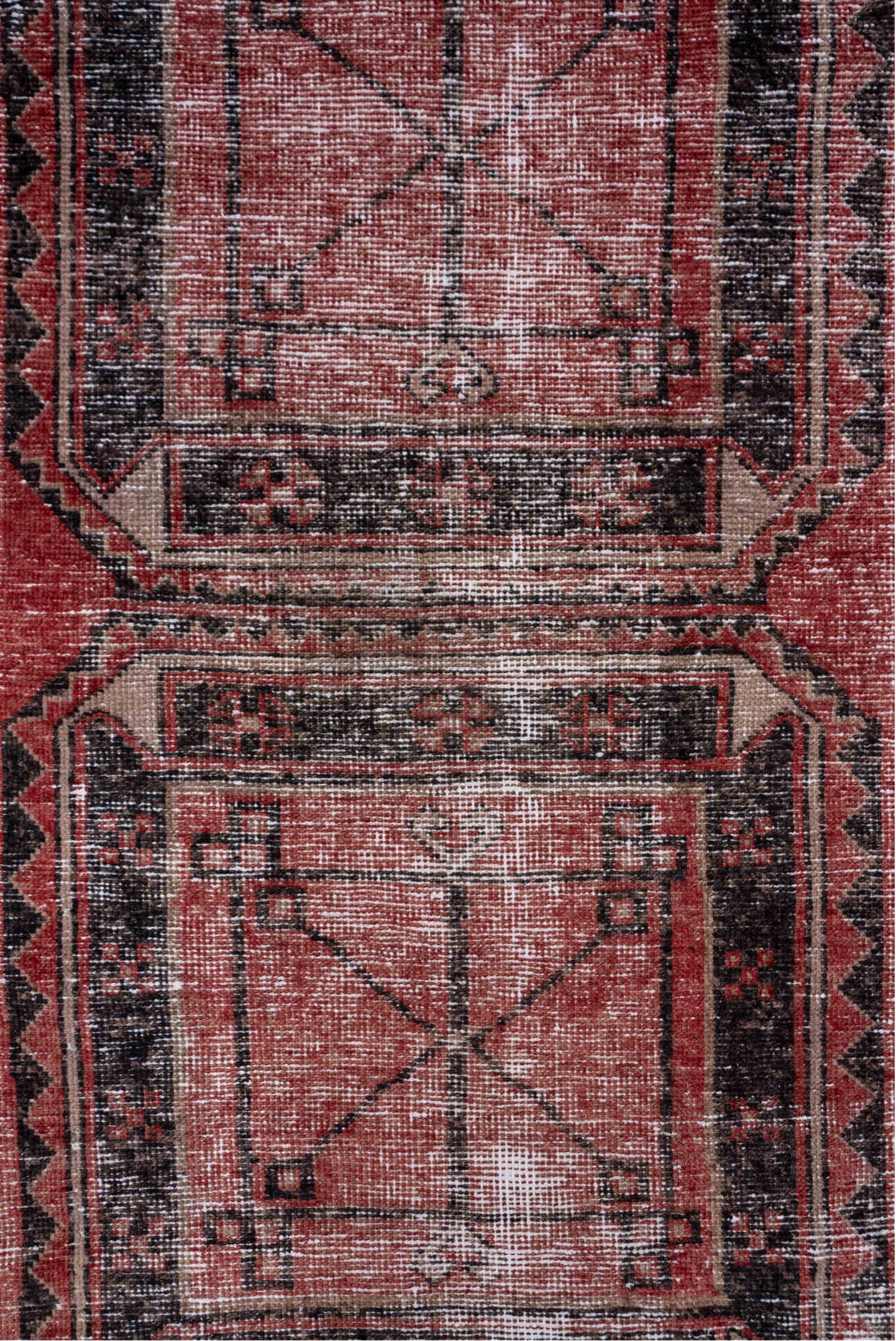 2' x 11' one-of-a-kind handmade vintage Oushak runner rug. Color palette: terra cotta, charcoal, rose, ivory, taupe