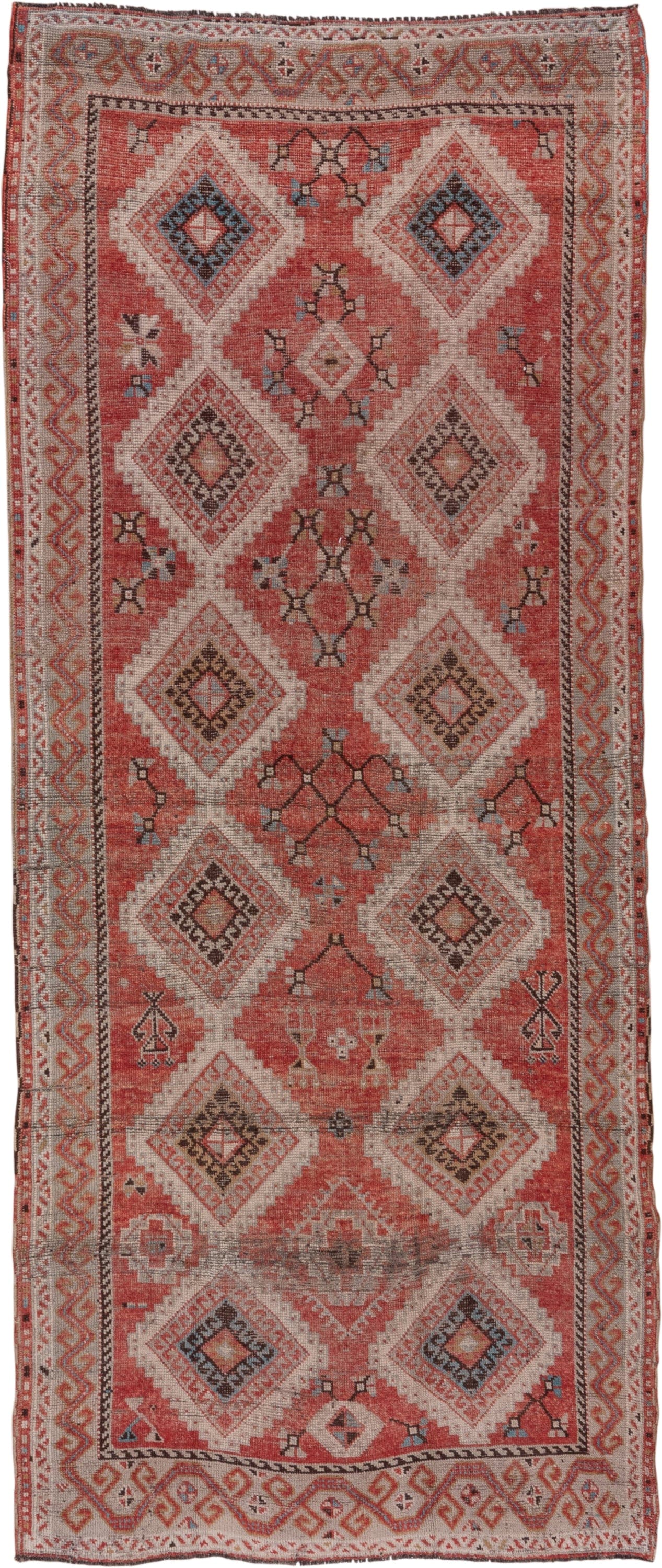 4' x 11' one-of-a-kind handmade vintage Oushak runner rug. Color palette: coral, ivory, taupe, slate, rust, charcoal, rose