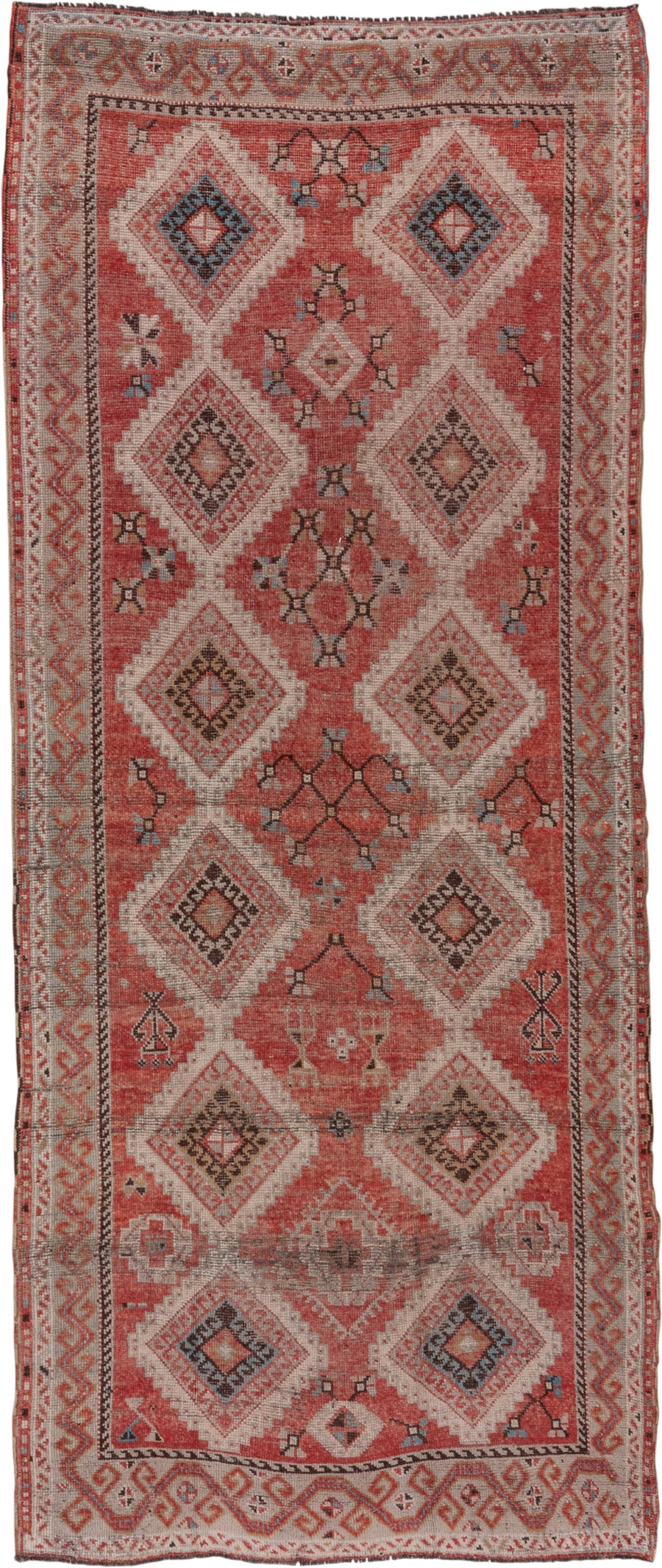 4' x 11' one-of-a-kind handmade vintage Oushak runner rug. Color palette: coral, ivory, taupe, slate, rust, charcoal, rose