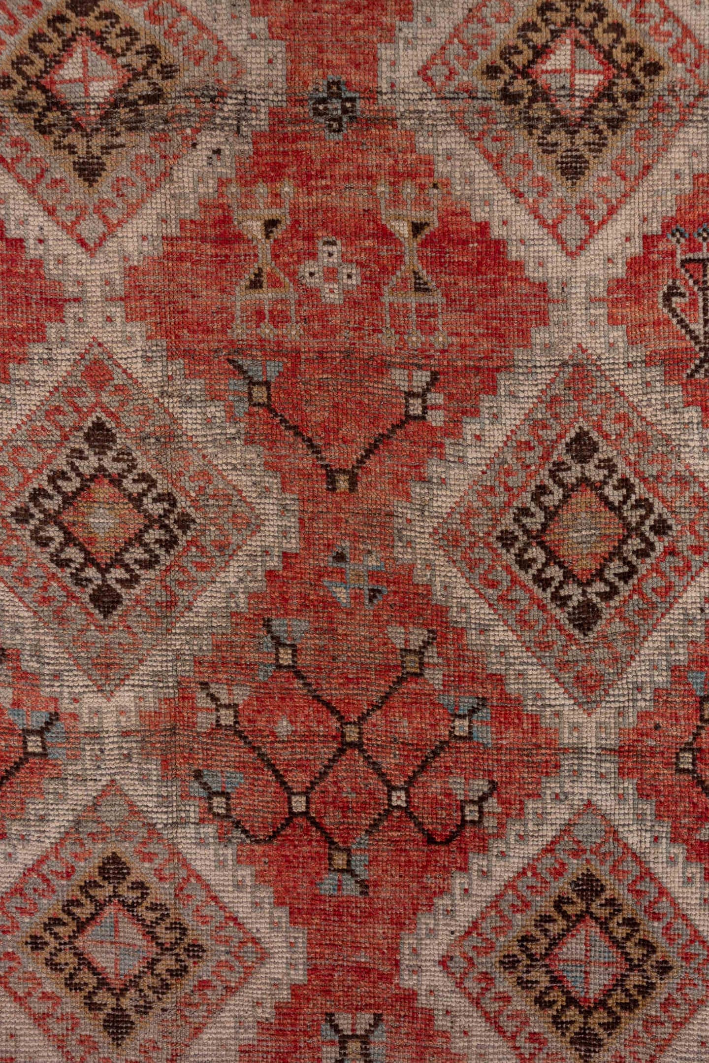 4' x 11' one-of-a-kind handmade vintage Oushak runner rug. Color palette: coral, ivory, taupe, slate, rust, charcoal, rose