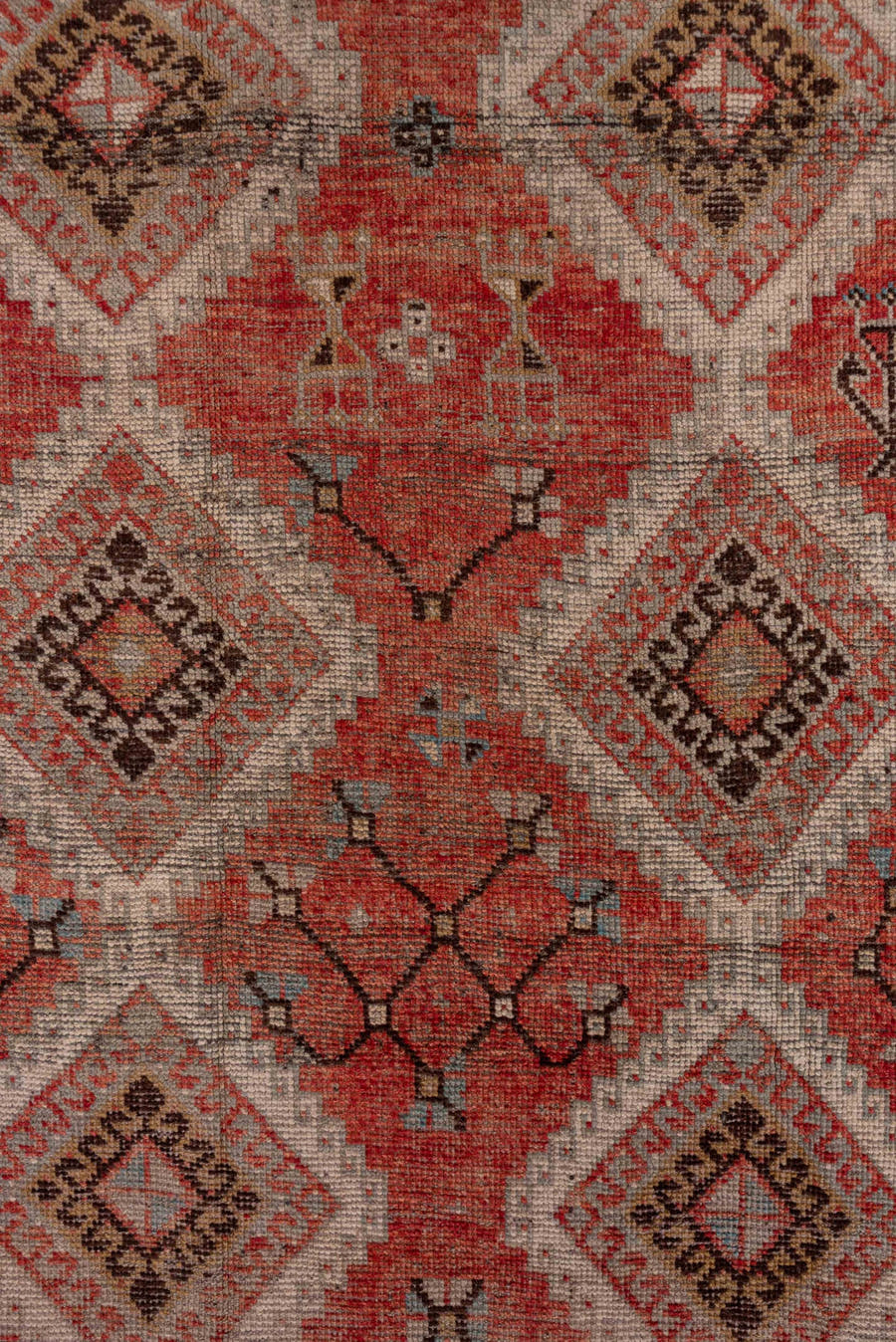 4' x 11' one-of-a-kind handmade vintage Oushak runner rug. Color palette: coral, ivory, taupe, slate, rust, charcoal, rose