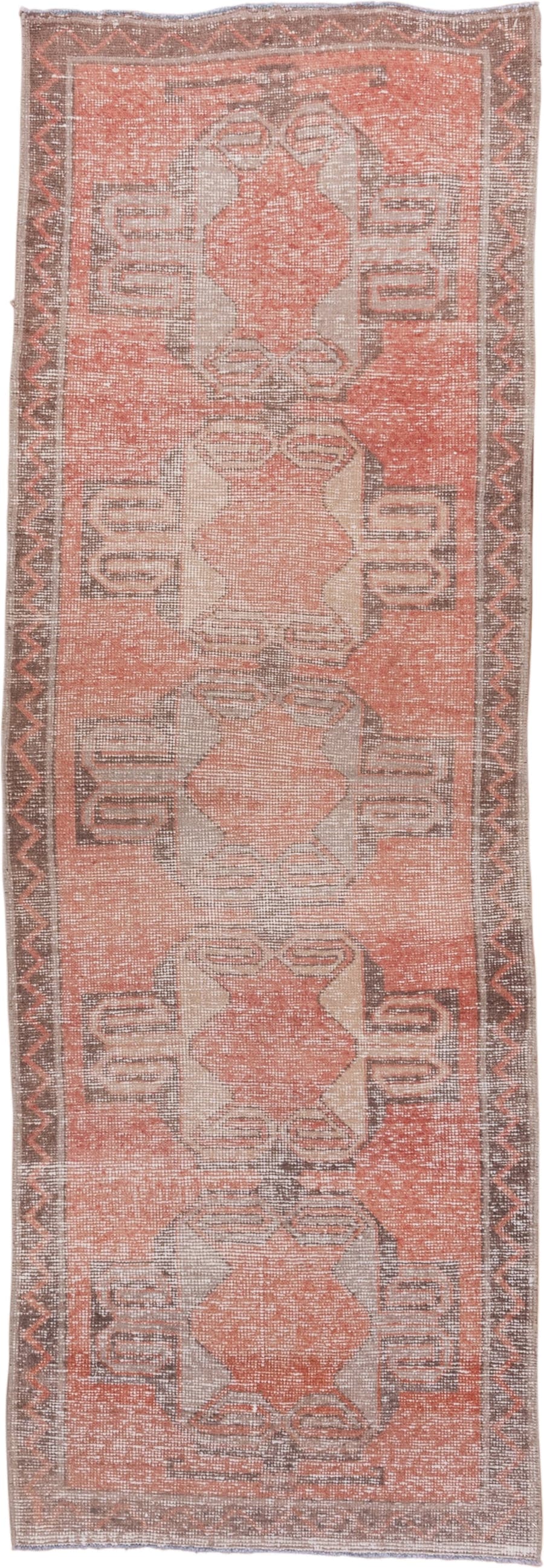 3' x 8' one-of-a-kind handmade vintage Oushak runner rug. Color palette: coral, taupe, ivory, charcoal, rose, camel