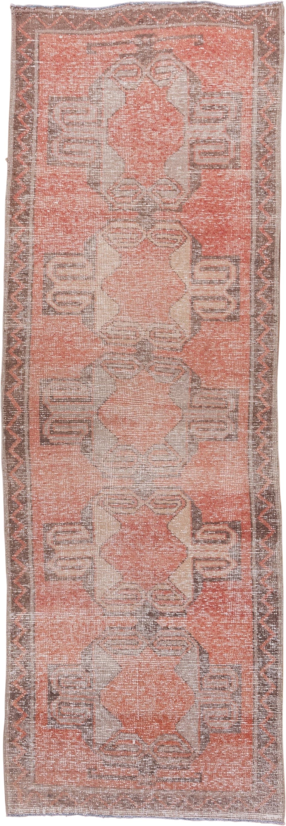 3' x 8' one-of-a-kind handmade vintage Oushak runner rug. Color palette: coral, taupe, ivory, charcoal, rose, camel