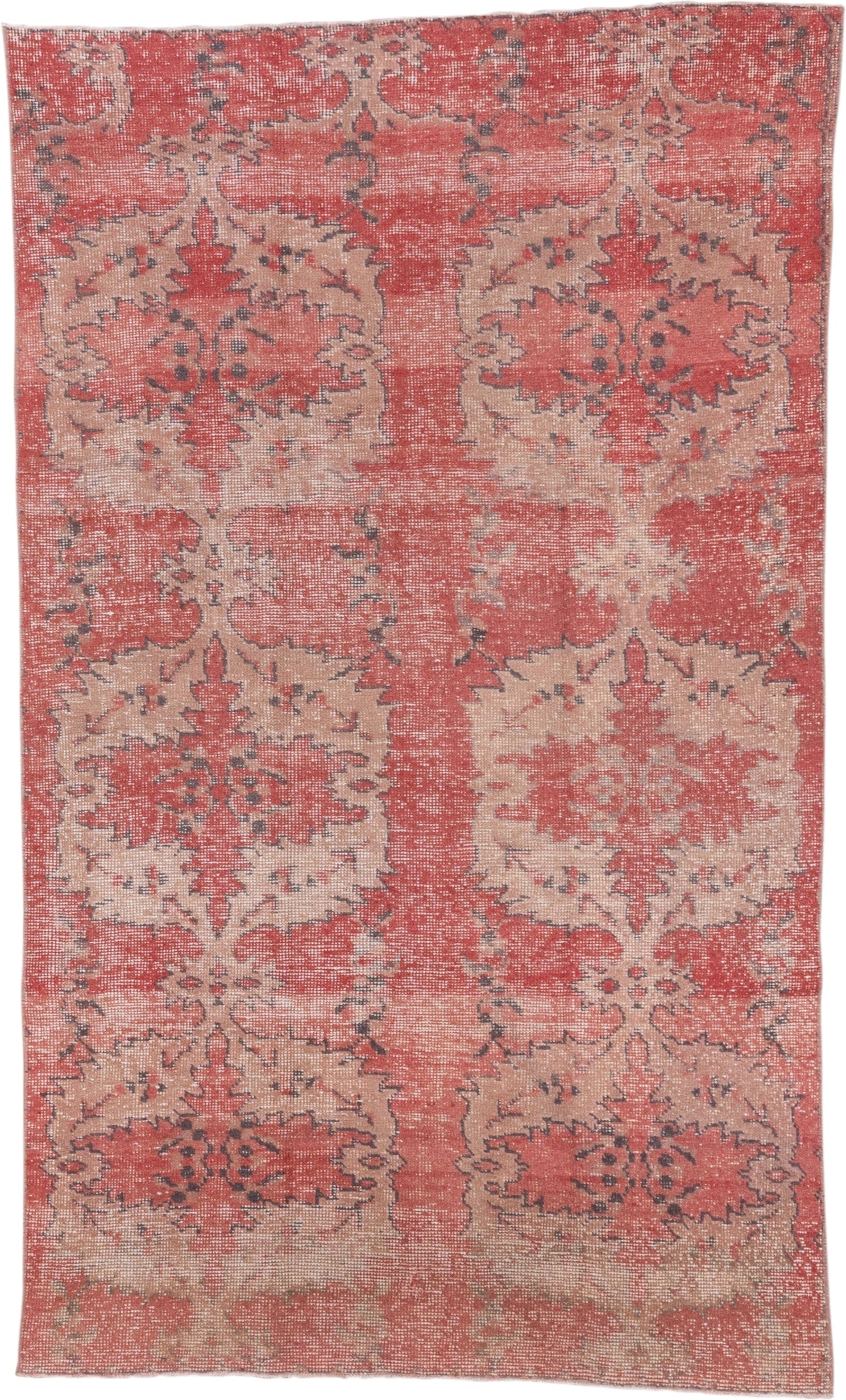 4' x 7' one-of-a-kind handmade vintage Oushak rug. Color palette: coral, ivory, rose, taupe, charcoal, terracotta, pink, red