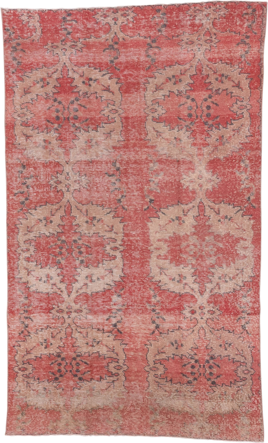 4' x 7' one-of-a-kind handmade vintage Oushak rug. Color palette: coral, ivory, rose, taupe, charcoal, terracotta, pink, red