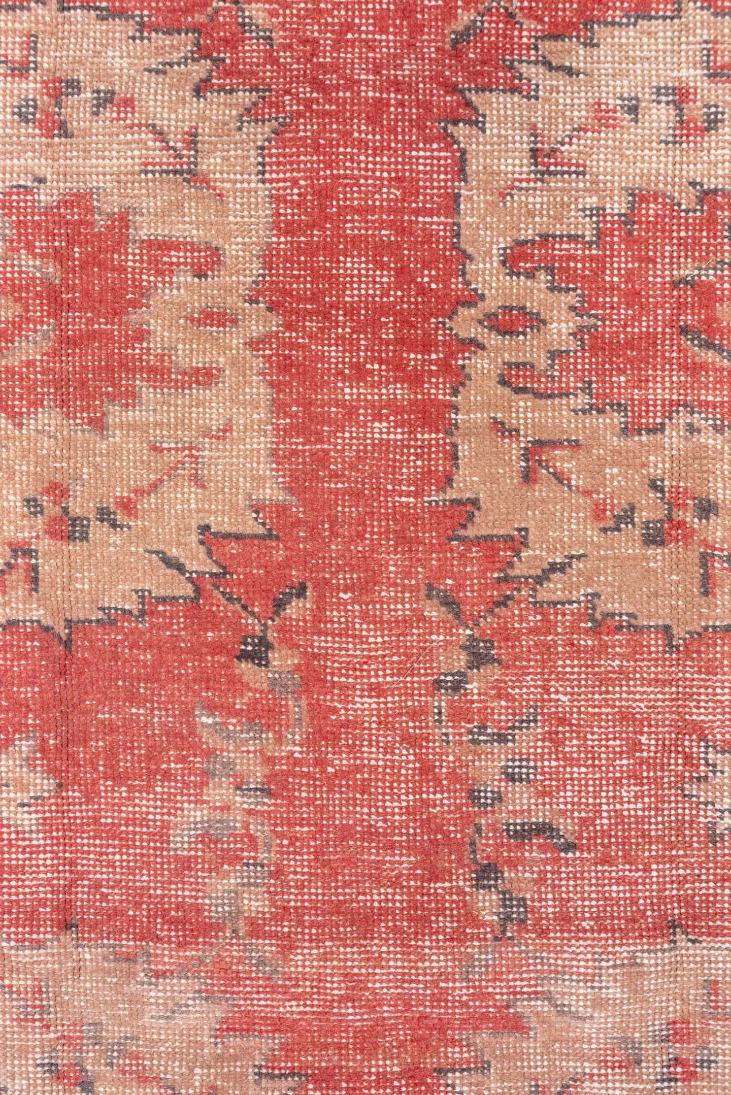 4' x 7' one-of-a-kind handmade vintage Oushak rug. Color palette: coral, ivory, rose, taupe, charcoal, terracotta, pink, red
