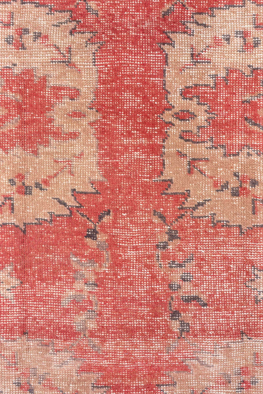 4' x 7' one-of-a-kind handmade vintage Oushak rug. Color palette: coral, ivory, rose, taupe, charcoal, terracotta, pink, red