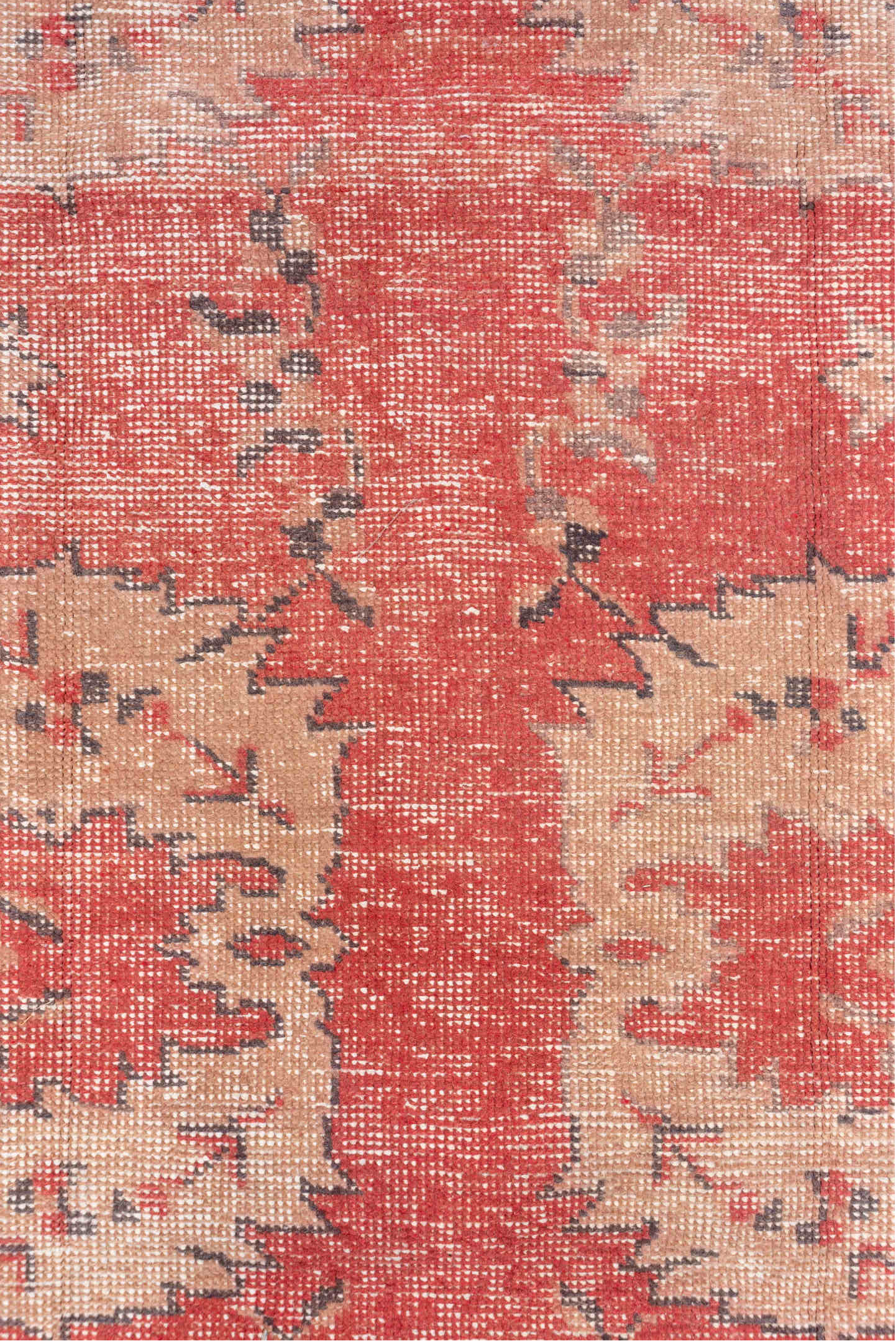 4' x 7' one-of-a-kind handmade vintage Oushak rug. Color palette: coral, ivory, rose, taupe, charcoal, terracotta, pink, red