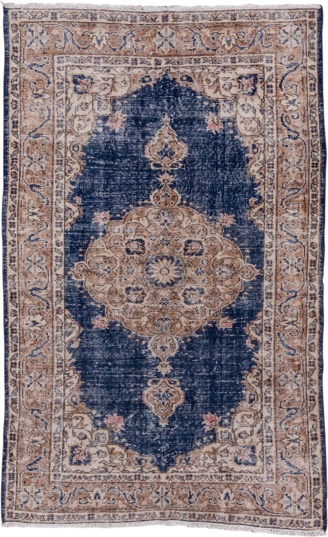 4' x 6' one-of-a-kind handmade vintage Oushak small size rug. Color palette: navy, camel, ivory, taupe, dusty rose, slate