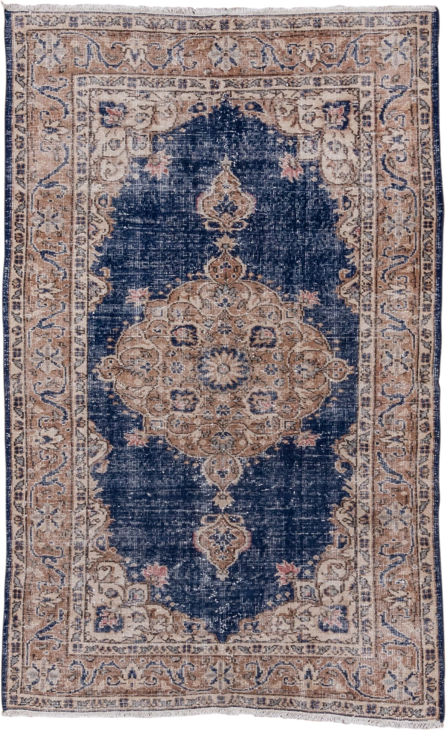 4' x 6' one-of-a-kind handmade vintage Oushak small size rug. Color palette: navy, camel, ivory, taupe, dusty rose, slate