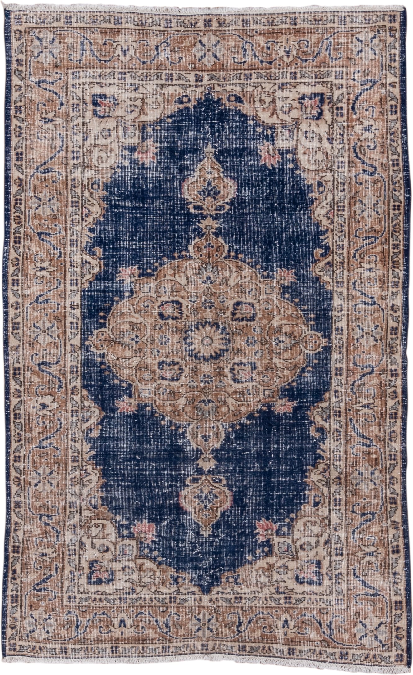 4' x 6' one-of-a-kind handmade vintage Oushak small size rug. Color palette: navy, camel, ivory, taupe, dusty rose, slate