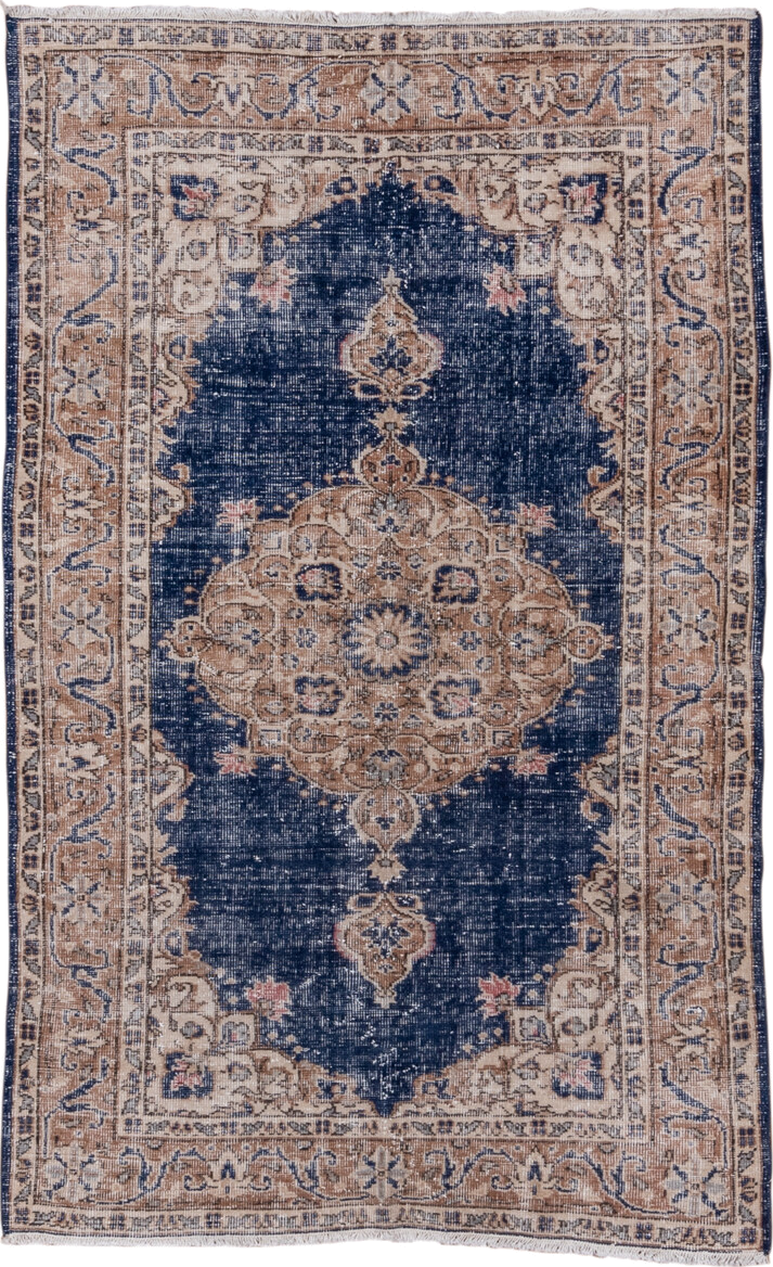 4' x 6' one-of-a-kind handmade vintage Oushak small size rug. Color palette: navy, camel, ivory, taupe, dusty rose, slate
