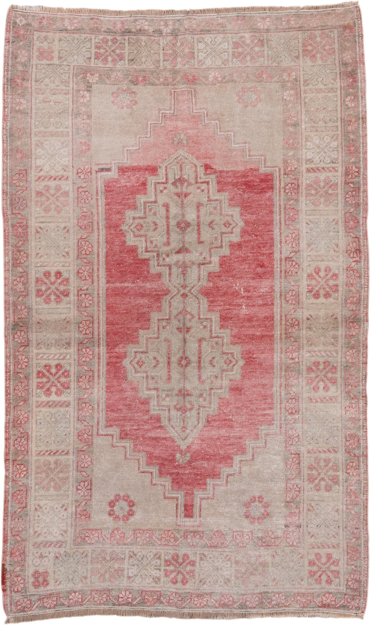 3' x 6' one-of-a-kind handmade vintage Oushak small size rug. Color palette: rose, ivory, blush, taupe, beige, pink, red