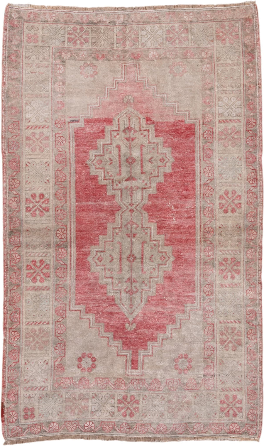 3' x 6' one-of-a-kind handmade vintage Oushak small size rug. Color palette: rose, ivory, blush, taupe, beige, pink, red