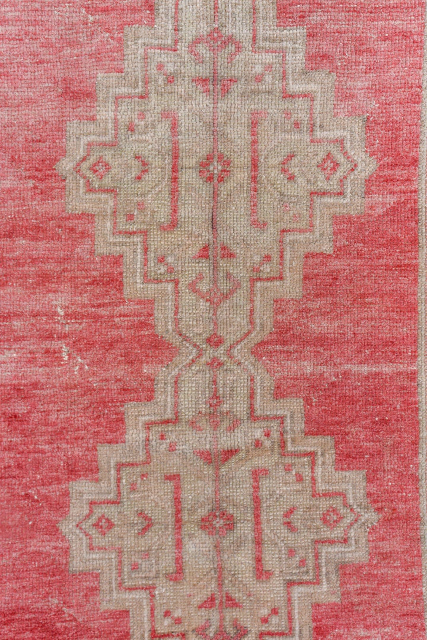 3' x 6' one-of-a-kind handmade vintage Oushak small size rug. Color palette: rose, ivory, blush, taupe, beige, pink, red