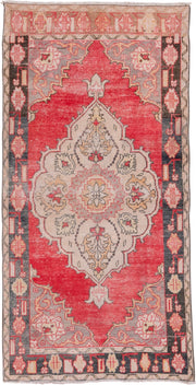 3' x 7' one-of-a-kind handmade vintage Oushak runner rug. Color palette: coral, ivory, charcoal, blush, taupe, rose