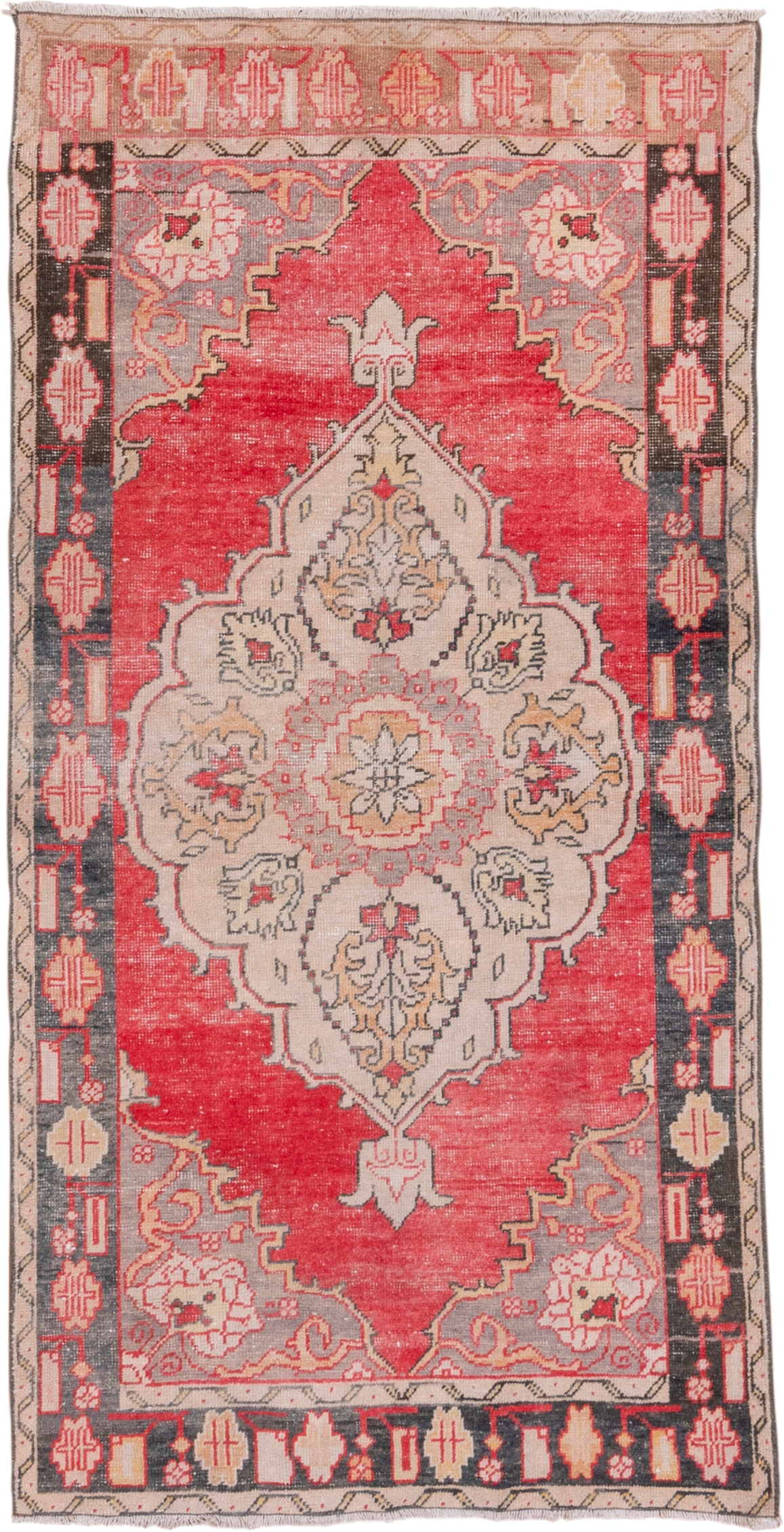 3' x 7' one-of-a-kind handmade vintage Oushak runner rug. Color palette: coral, ivory, charcoal, blush, taupe, rose