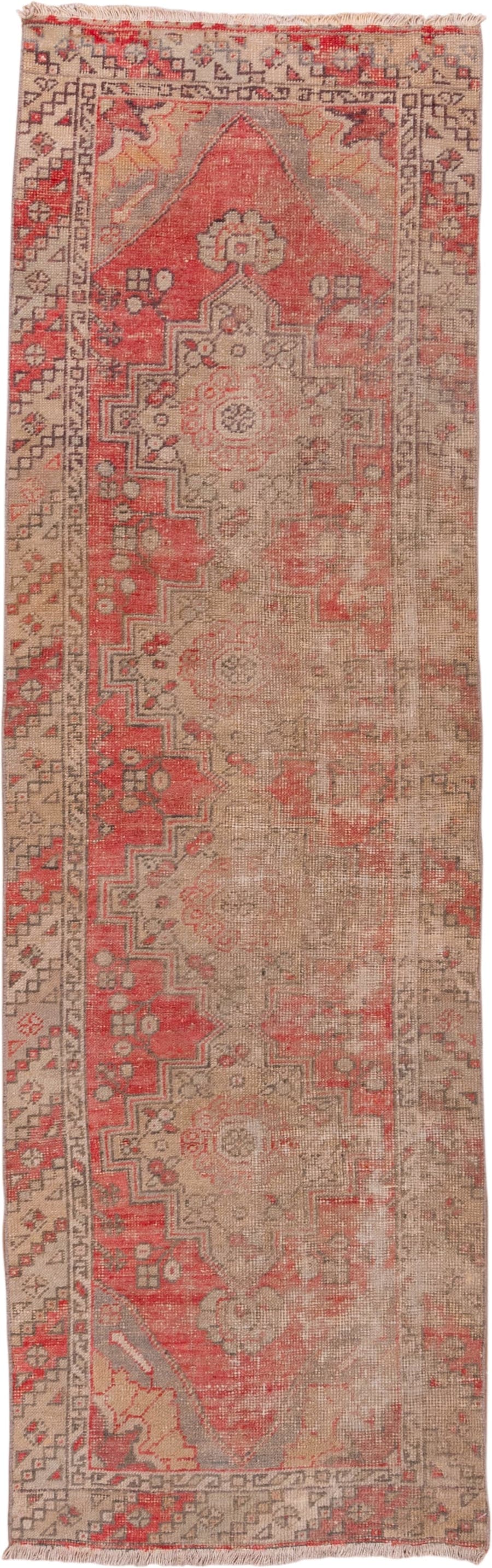 2' x 9' one-of-a-kind handmade vintage Oushak runner rug. Color palette: taupe, coral, beige, ivory, rose, gray, terracotta