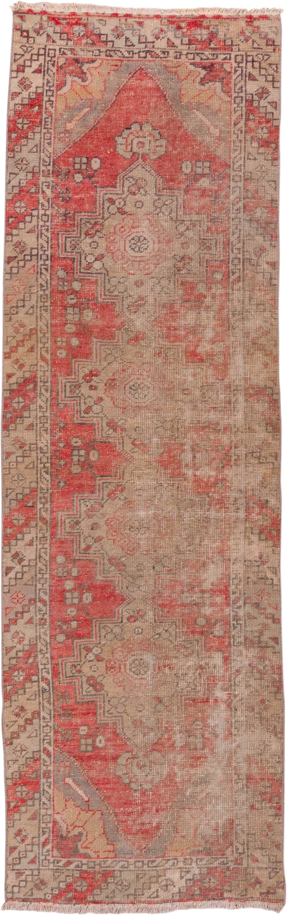 2' x 9' one-of-a-kind handmade vintage Oushak runner rug. Color palette: taupe, coral, beige, ivory, rose, gray, terracotta