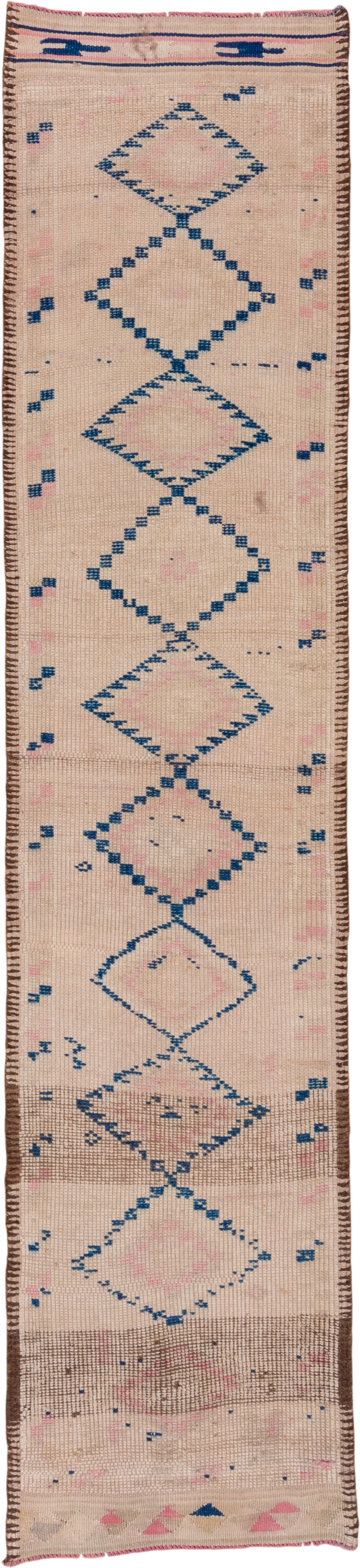 2' x 11' one-of-a-kind handmade vintage Oushak runner rug. Color palette: ivory, blue, pink, taupe, brown, beige, gray
