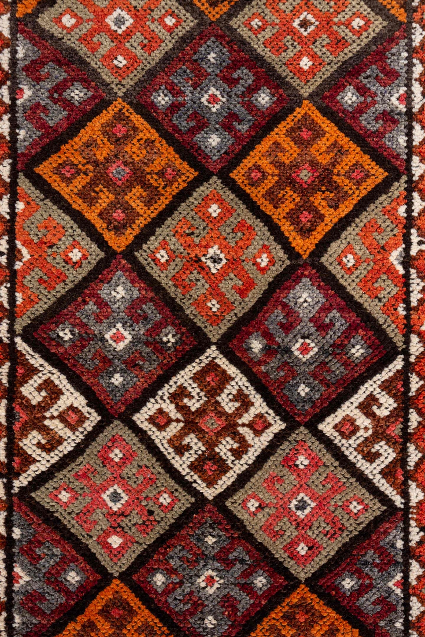 2' x 10' one-of-a-kind handmade vintage Oushak runner rug. Color palette: rust, coral, plum, ivory, charcoal, orange, rose