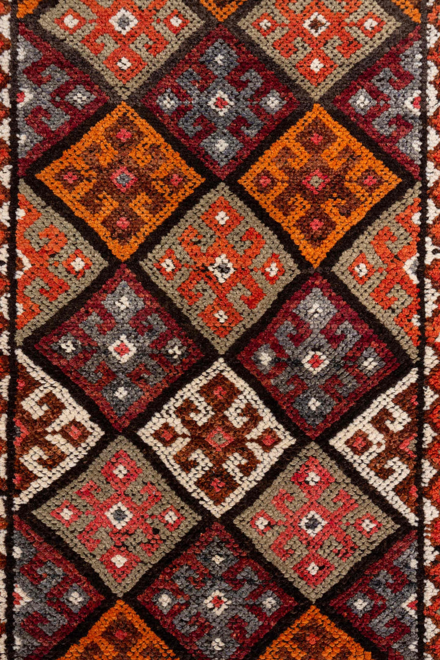 2' x 10' one-of-a-kind handmade vintage Oushak runner rug. Color palette: rust, coral, plum, ivory, charcoal, orange, rose