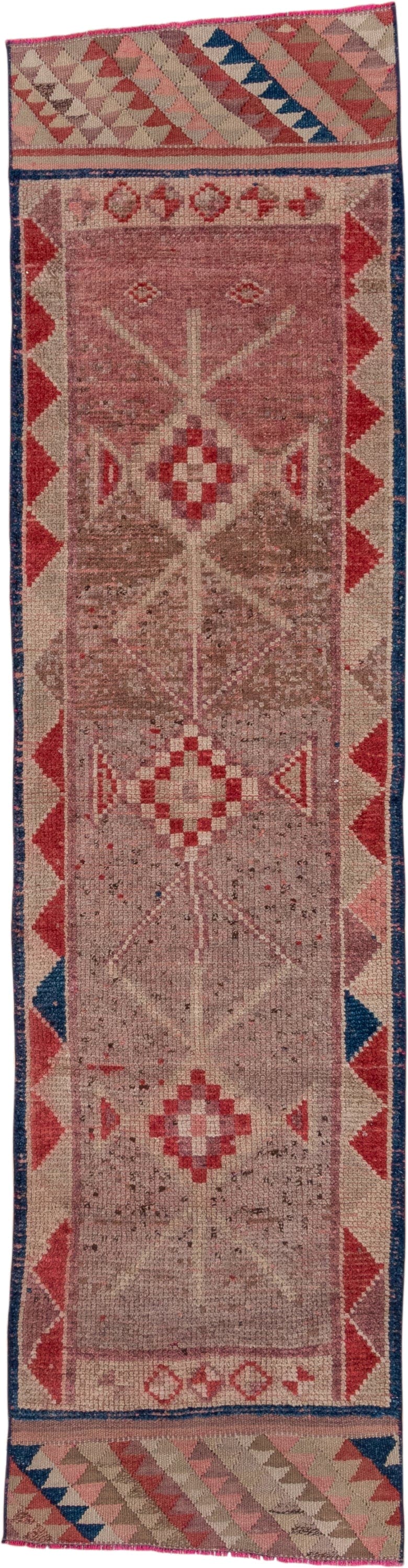 2' x 9' one-of-a-kind handmade vintage Oushak runner rug. Color palette: rose, ivory, rust, taupe, navy, camel, terracotta
