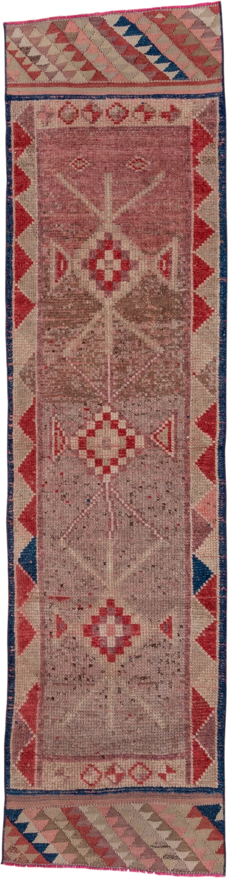 2' x 9' one-of-a-kind handmade vintage Oushak runner rug. Color palette: rose, ivory, rust, taupe, navy, camel, terracotta