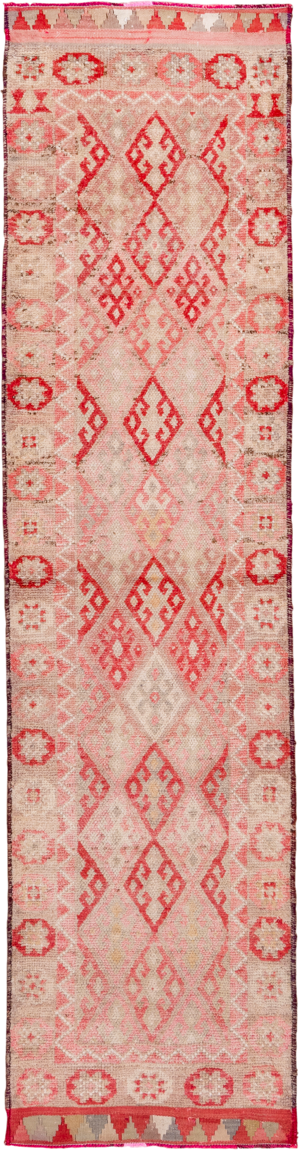 3' x 11' one-of-a-kind handmade vintage Oushak runner rug. Color palette: blush, ivory, coral, rose, taupe, camel, pink