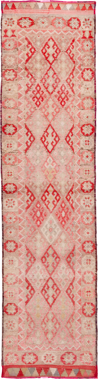 3' x 11' one-of-a-kind handmade vintage Oushak runner rug. Color palette: brown, indian red, off-white, orange, pink, red