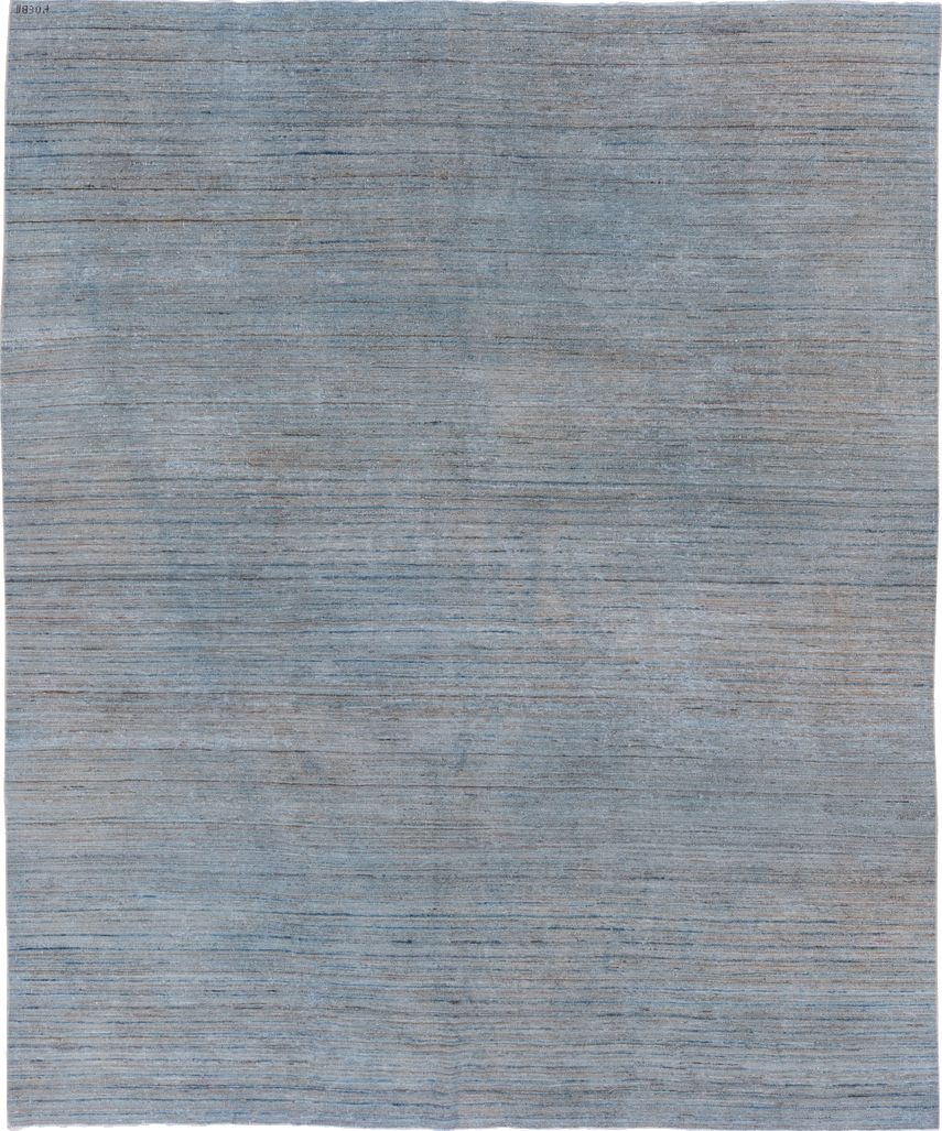7' x 9' one-of-a-kind handmade vintage Oushak rug. Color palette: blue, dark gray, dim gray, gray, light blue, light gray