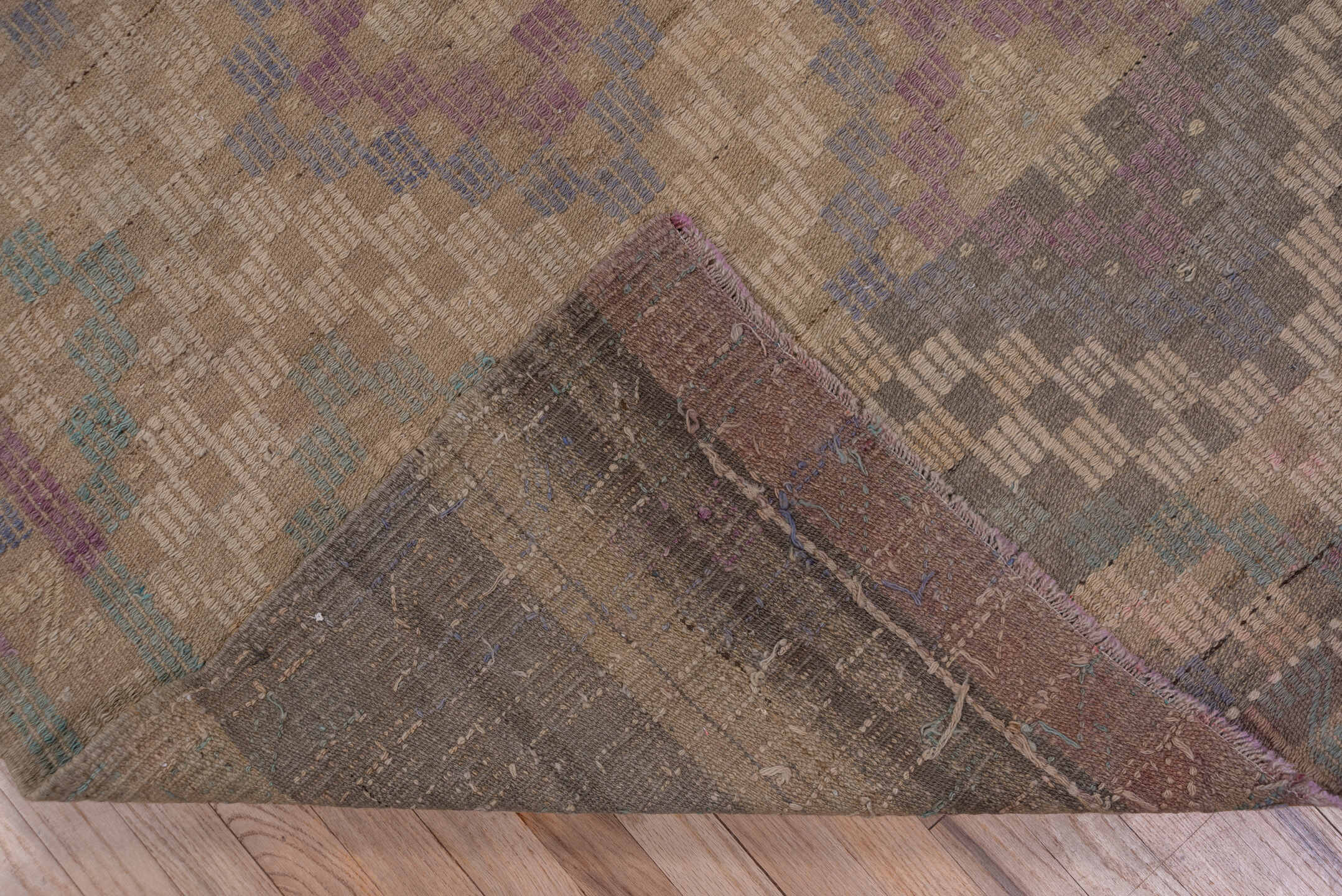 6' x 8' one-of-a-kind handmade vintage Jijim medium size rug. Color palette: taupe, beige, lavender, slate, teal, gray