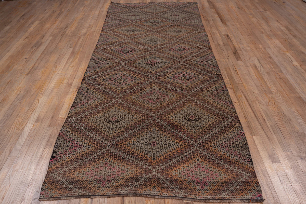 8' x 11' one-of-a-kind handmade antique Mir large size rug. Color palette: taupe, camel, charcoal, muted rose, rust, ivory
