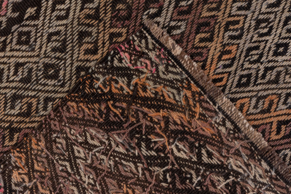 8' x 11' one-of-a-kind handmade antique Mir large size rug. Color palette: taupe, camel, charcoal, muted rose, rust, ivory