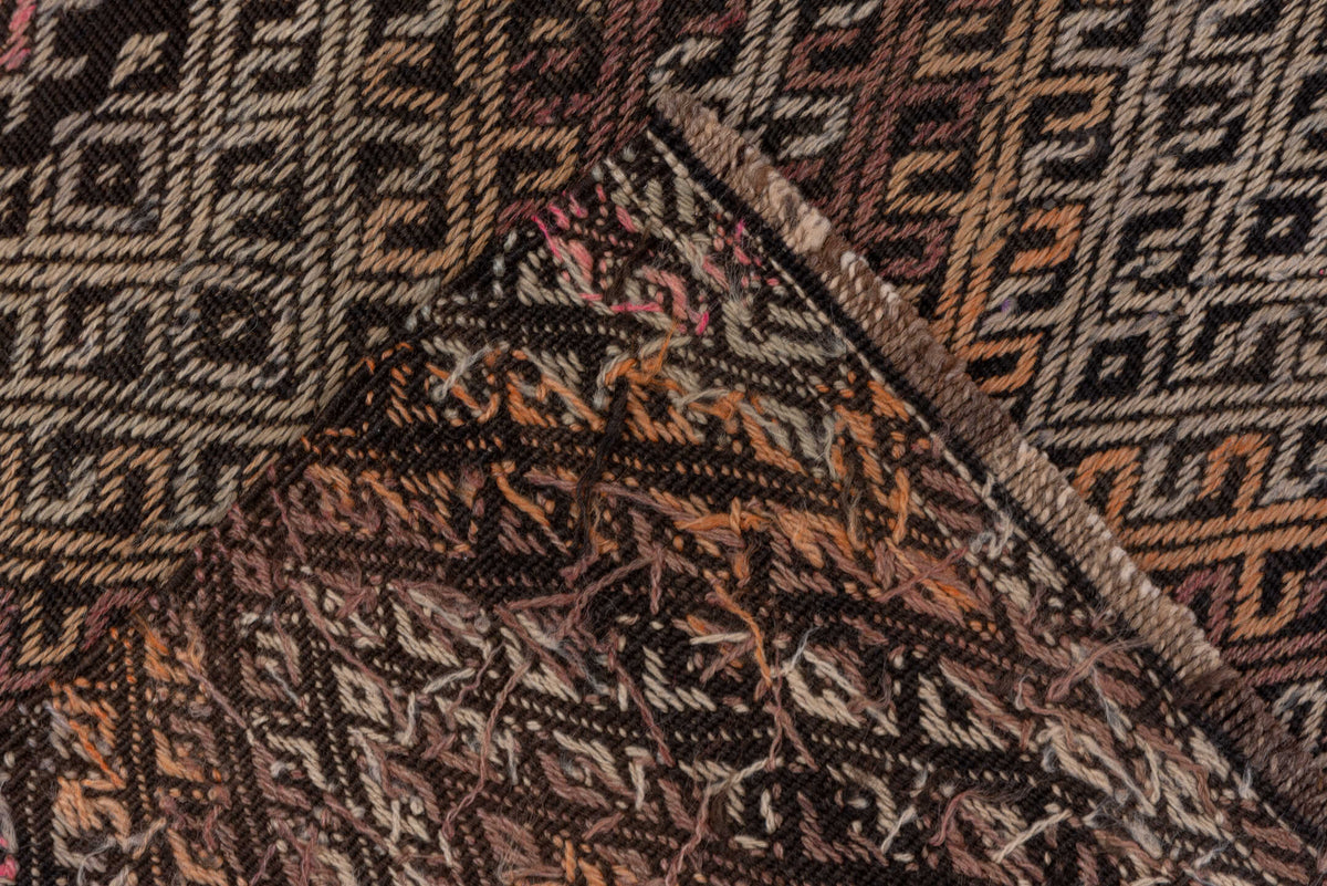 8' x 11' one-of-a-kind handmade antique Mir large size rug. Color palette: taupe, camel, charcoal, muted rose, rust, ivory