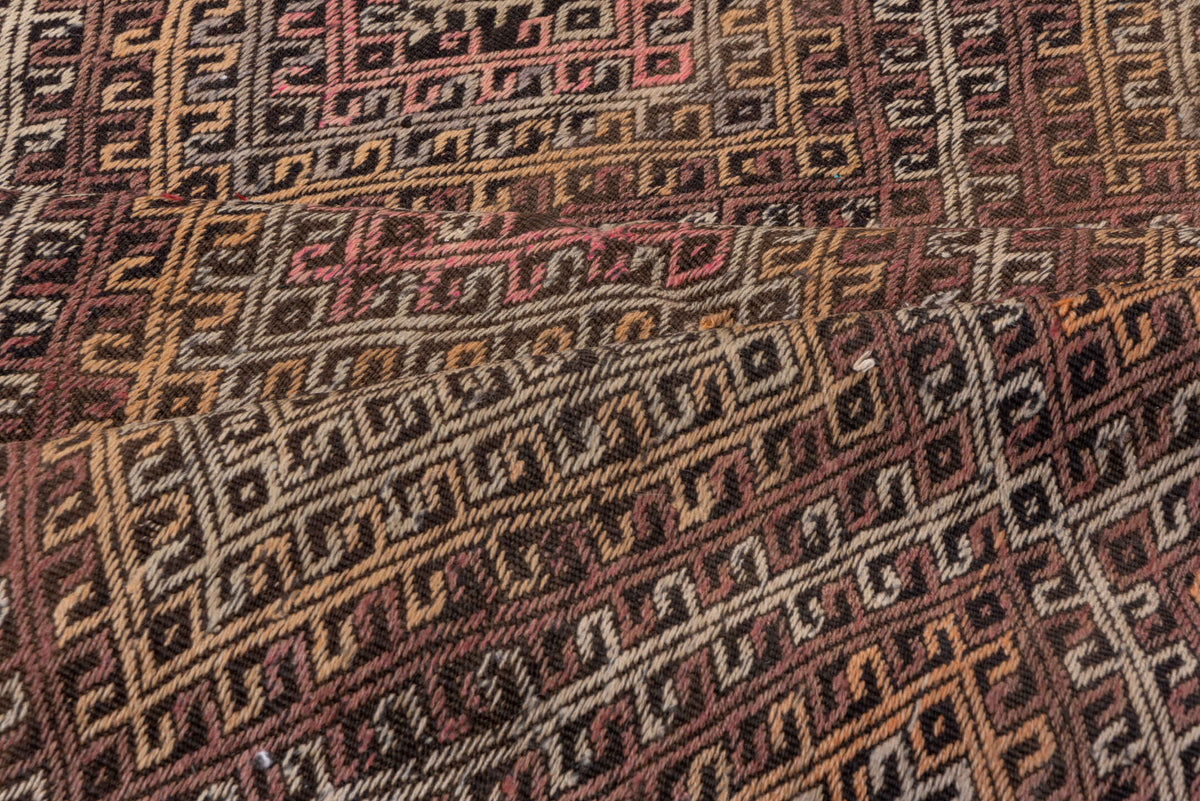 8' x 11' one-of-a-kind handmade antique Mir large size rug. Color palette: taupe, camel, charcoal, muted rose, rust, ivory