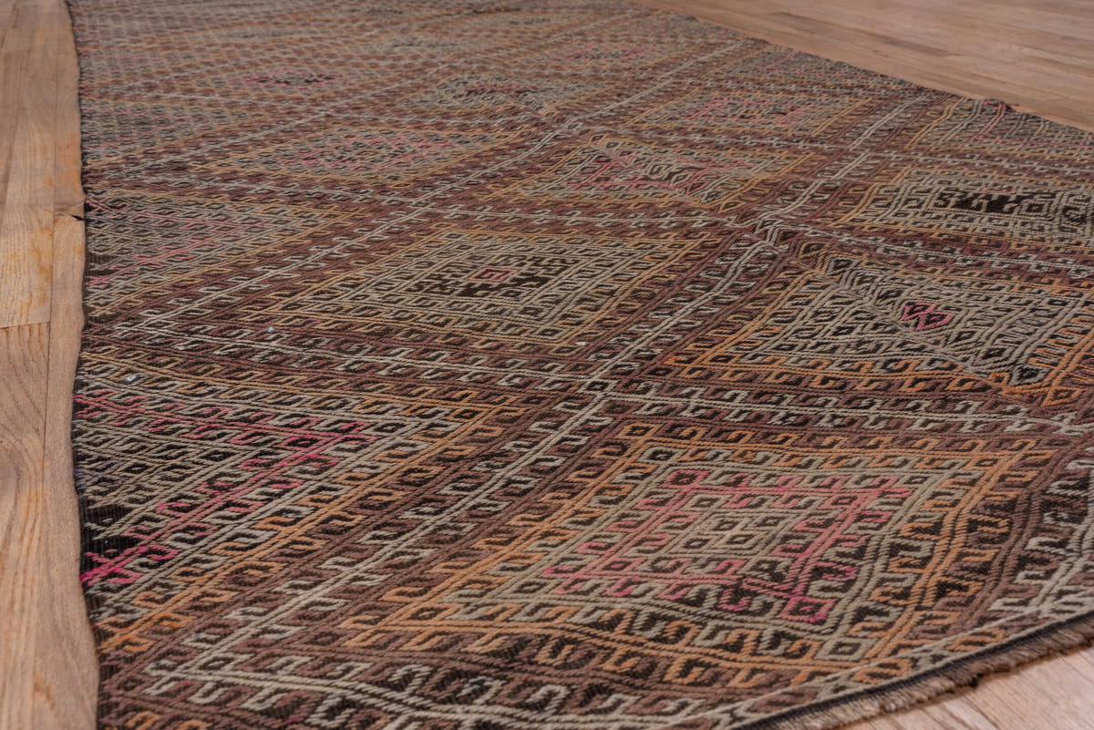 8' x 11' one-of-a-kind handmade antique Mir large size rug. Color palette: taupe, camel, charcoal, muted rose, rust, ivory