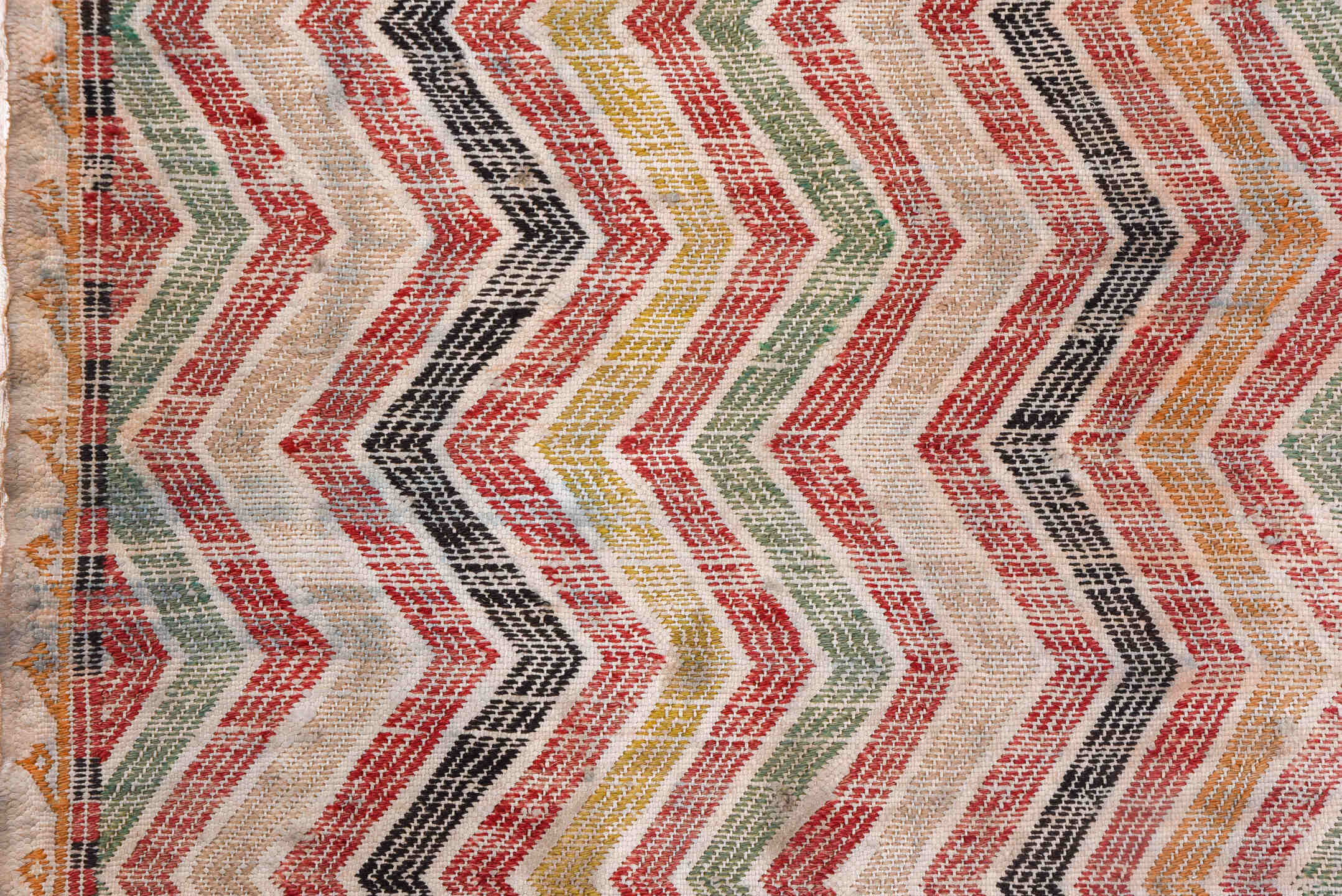 7' x 8' one-of-a-kind handmade vintage Jijim rug. Color palette: brown, ghost white, gray, light gray, off-white, pink, red