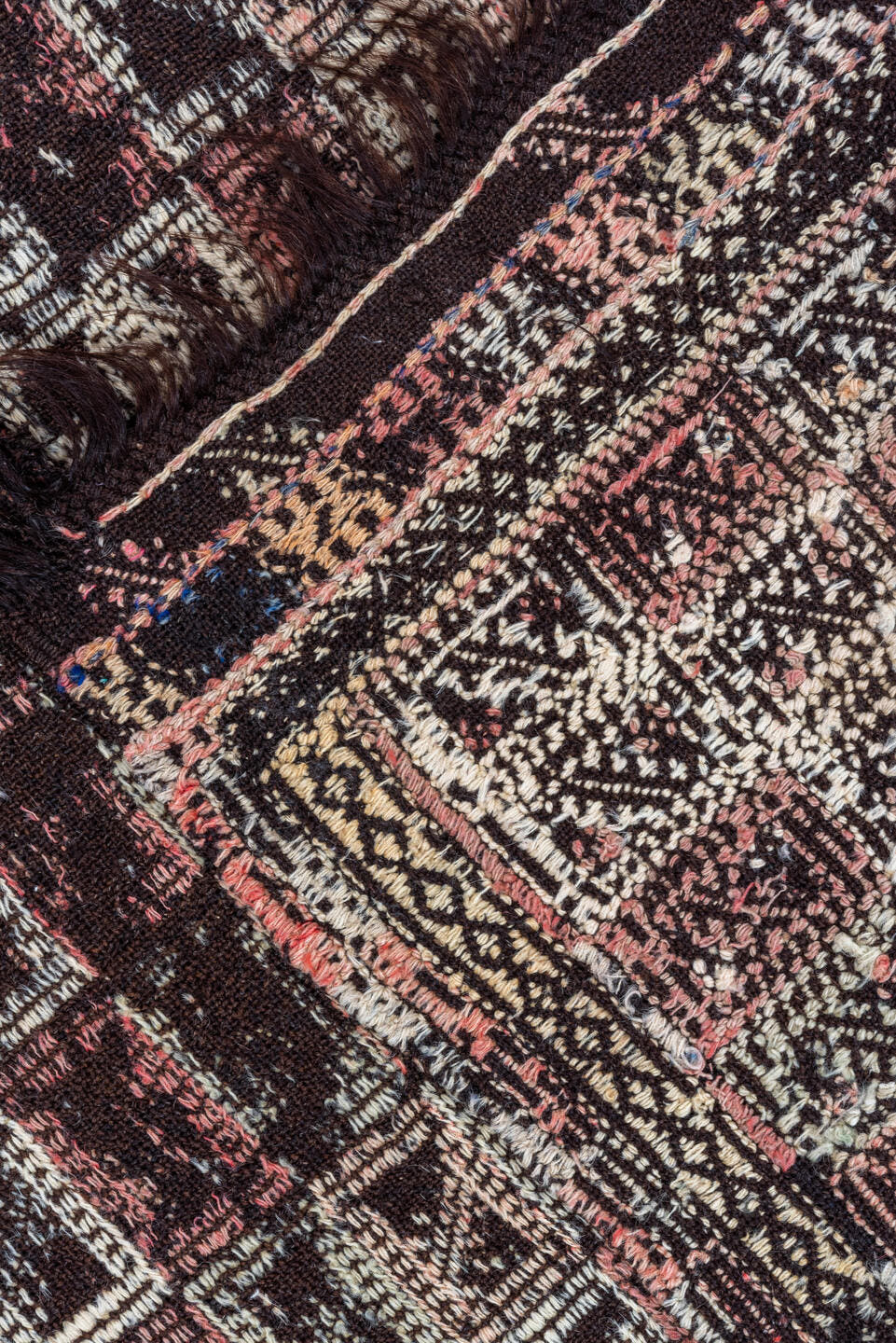 4' x 7' one-of-a-kind handmade vintage Jijim rug. Color palette: dark brown, ivory, rose, taupe, charcoal, brown, pink, red