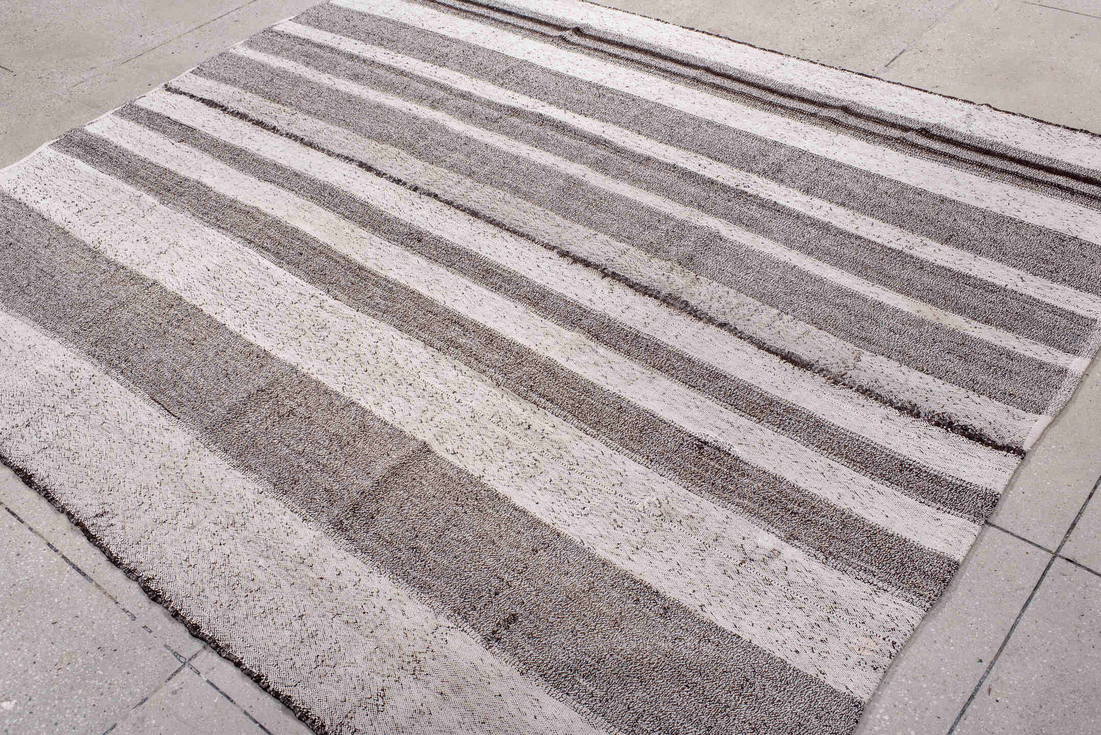 7' x 8' one-of-a-kind handmade vintage Kilim rug. Color palette: ivory, charcoal, taupe, cream, ebony, gray, black, beige
