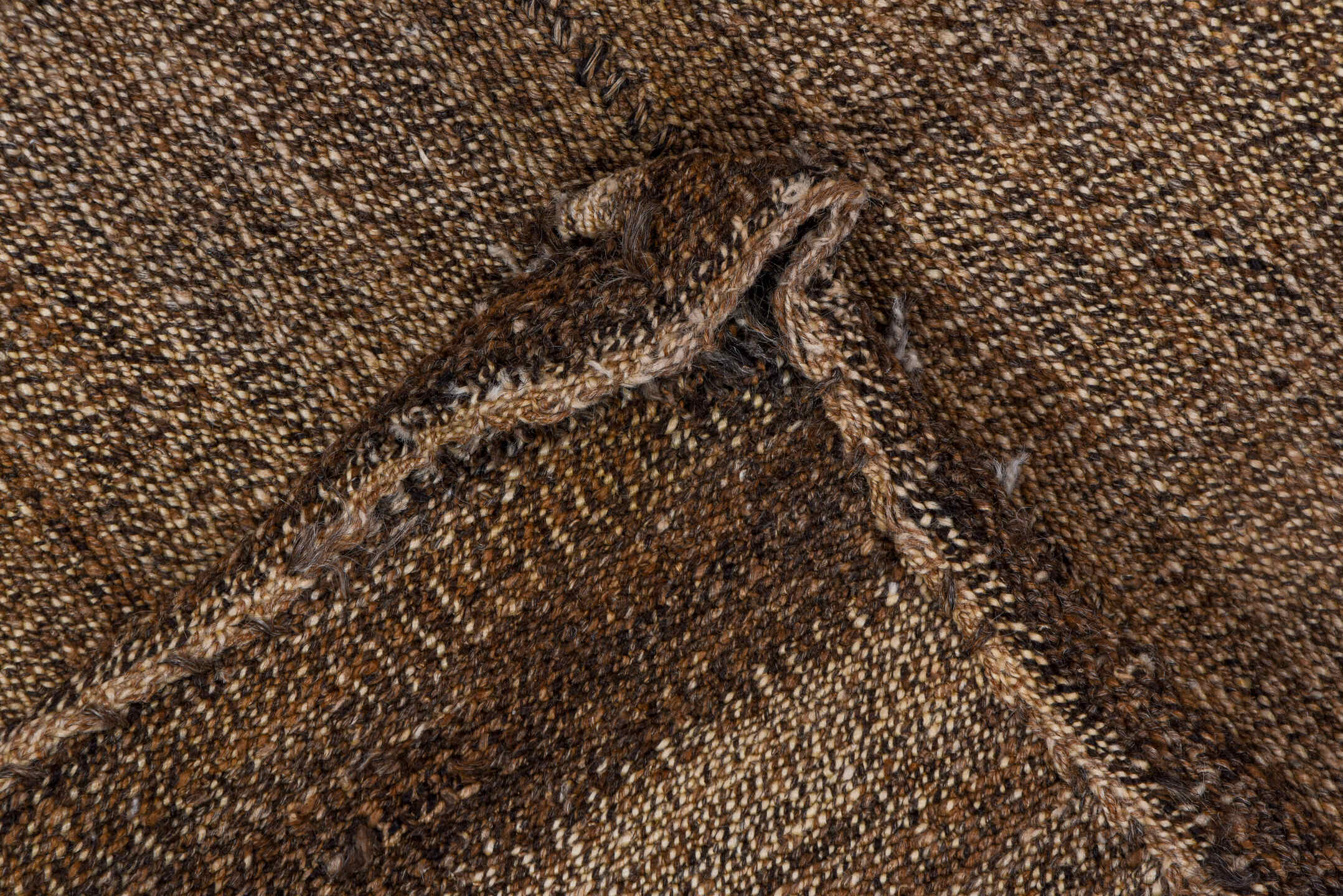 2' x 2' one-of-a-kind handmade vintage Grain Bag small size rug. Color palette: brown, taupe, camel, ivory, charcoal, beige