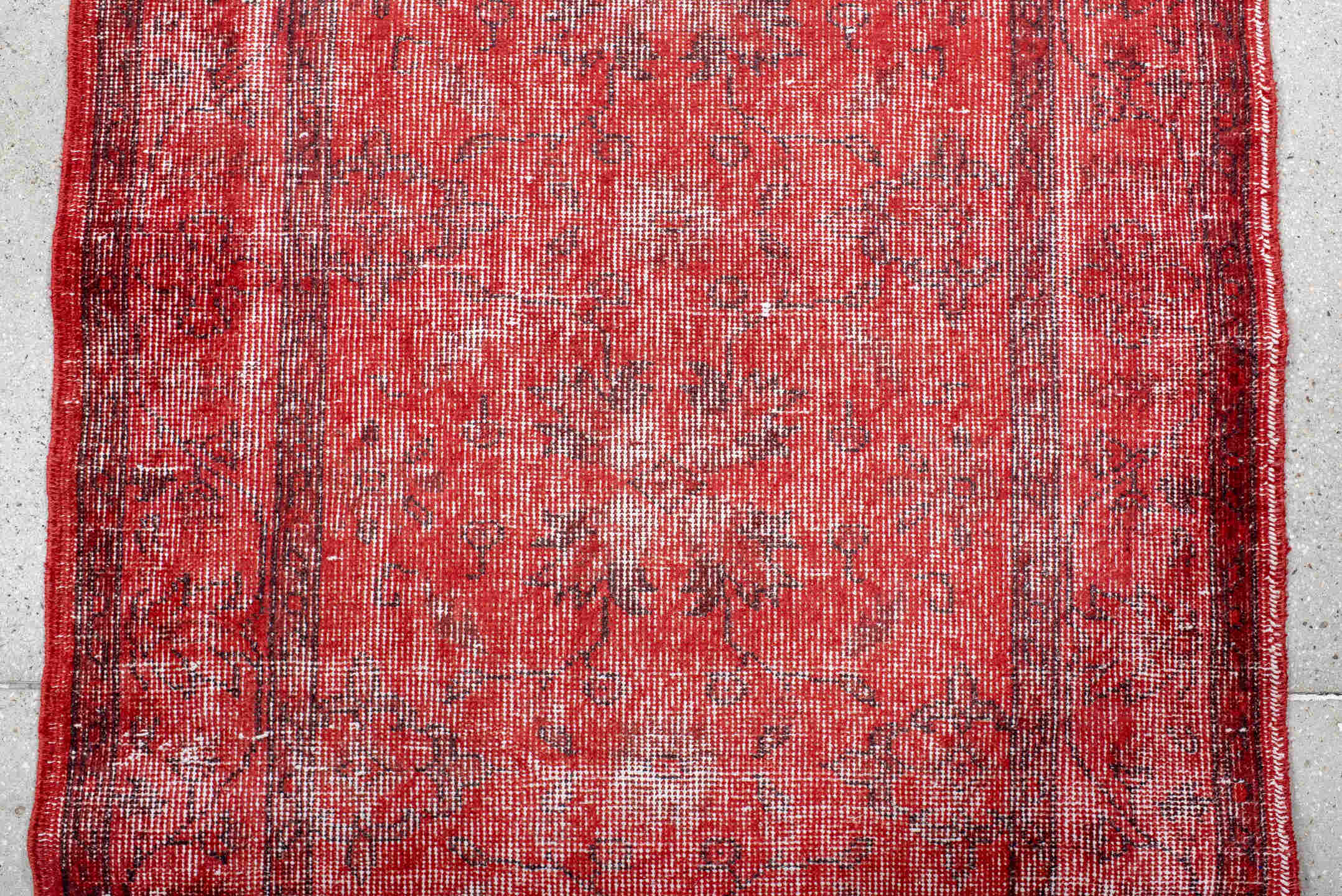 3' x 10' one-of-a-kind handmade vintage Overdyed runner rug. Color palette: crimson, rose, burgundy, ivory, red, pink