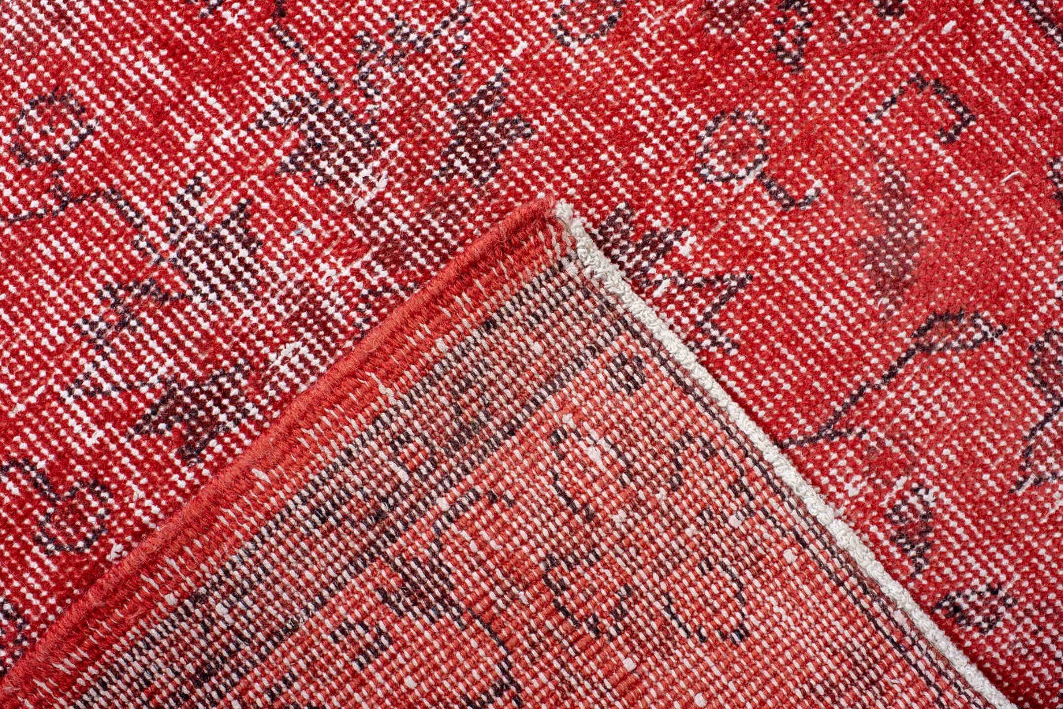 3' x 10' one-of-a-kind handmade vintage Overdyed runner rug. Color palette: crimson, rose, burgundy, ivory, red, pink