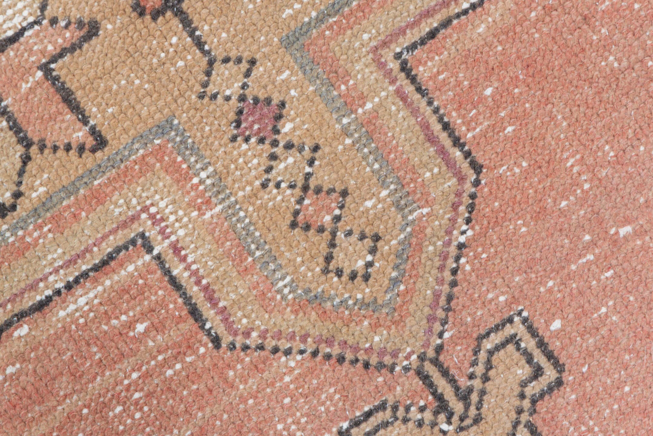 3' x 9' one-of-a-kind handmade vintage Oushak runner rug. Color palette: peach, camel, taupe, rose, burgundy, ivory, brown