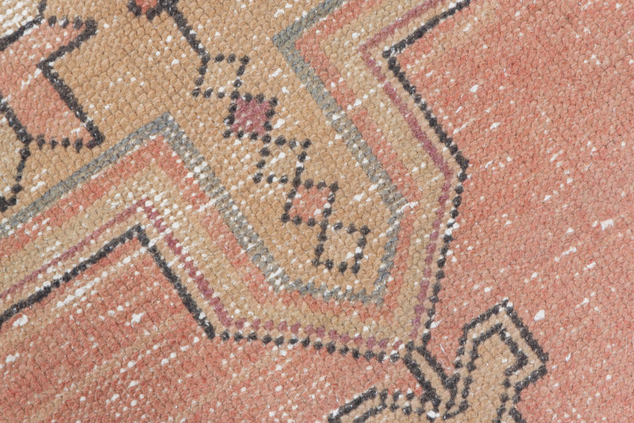 3' x 9' one-of-a-kind handmade vintage Oushak runner rug. Color palette: peach, camel, taupe, rose, burgundy, ivory, brown