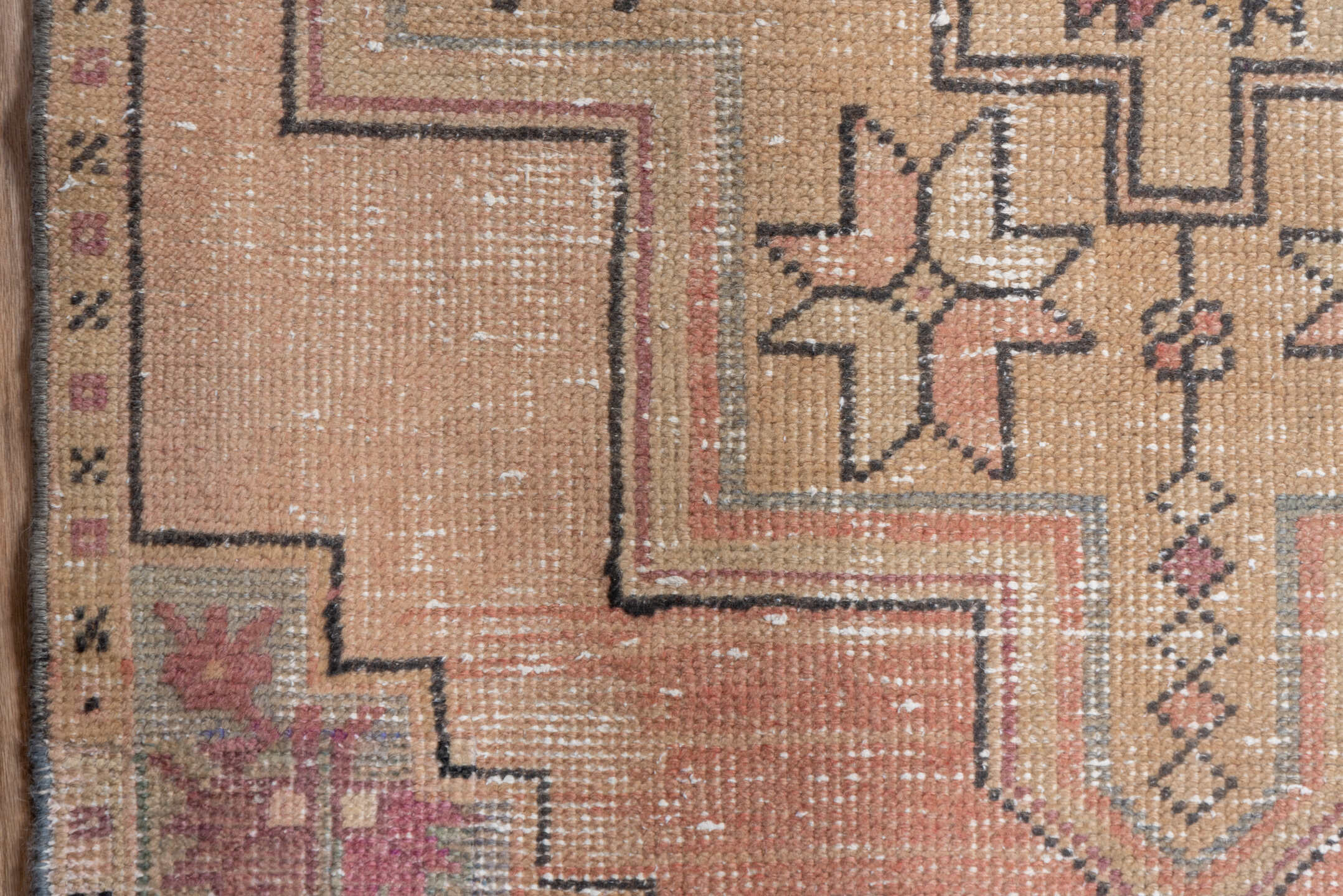 3' x 9' one-of-a-kind handmade vintage Oushak runner rug. Color palette: peach, camel, taupe, rose, burgundy, ivory, brown